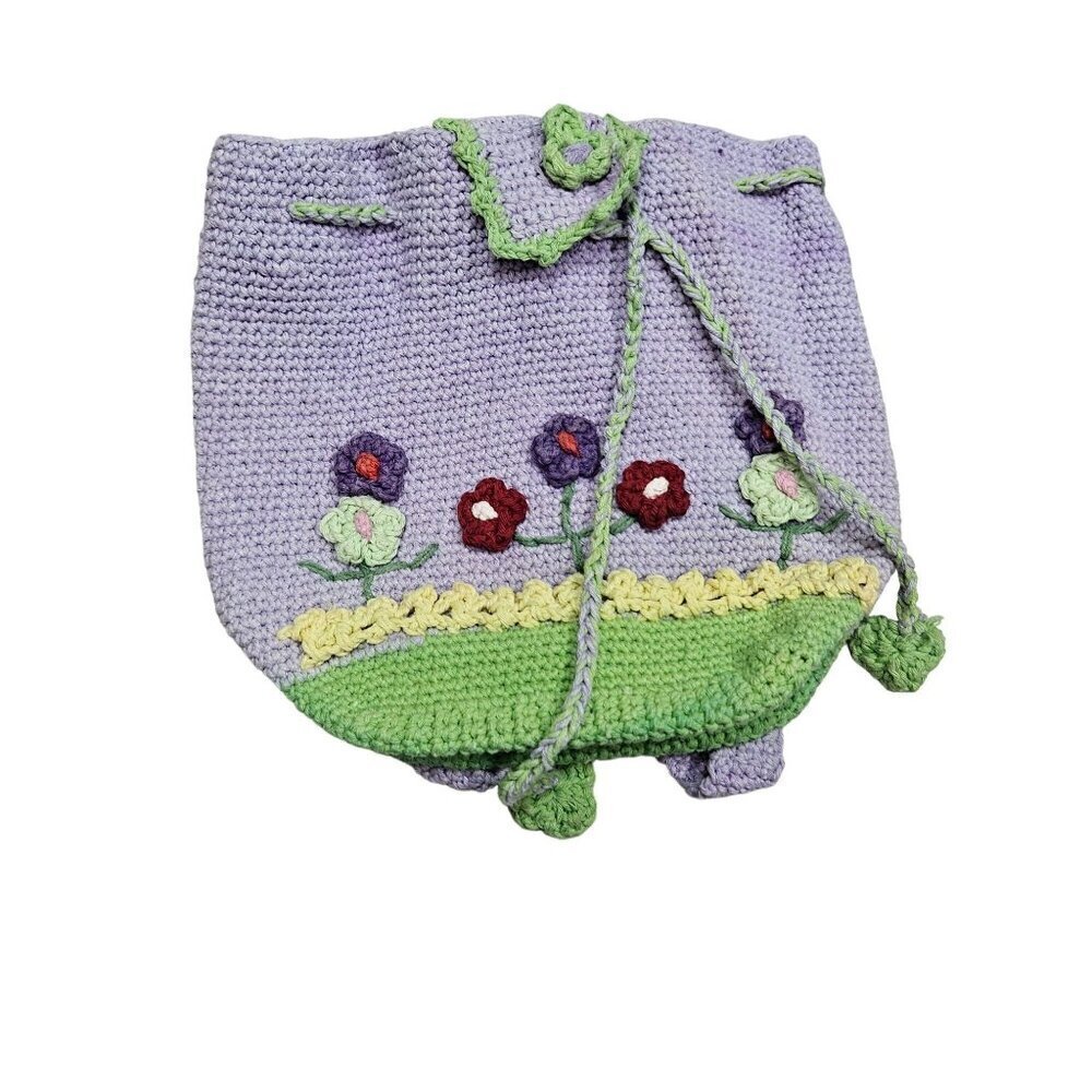 Handmade Crochet Child Backpack Adorned With Floral Design & Drawstring Closure